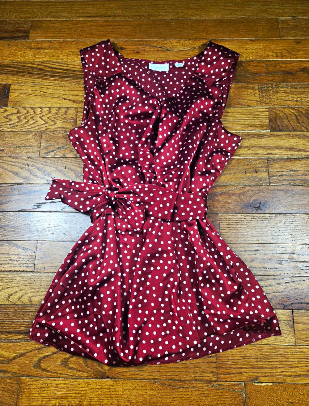 New York & Company Womens M Burgundy Polka Dot Blouse Ruffle Tie Waist Top